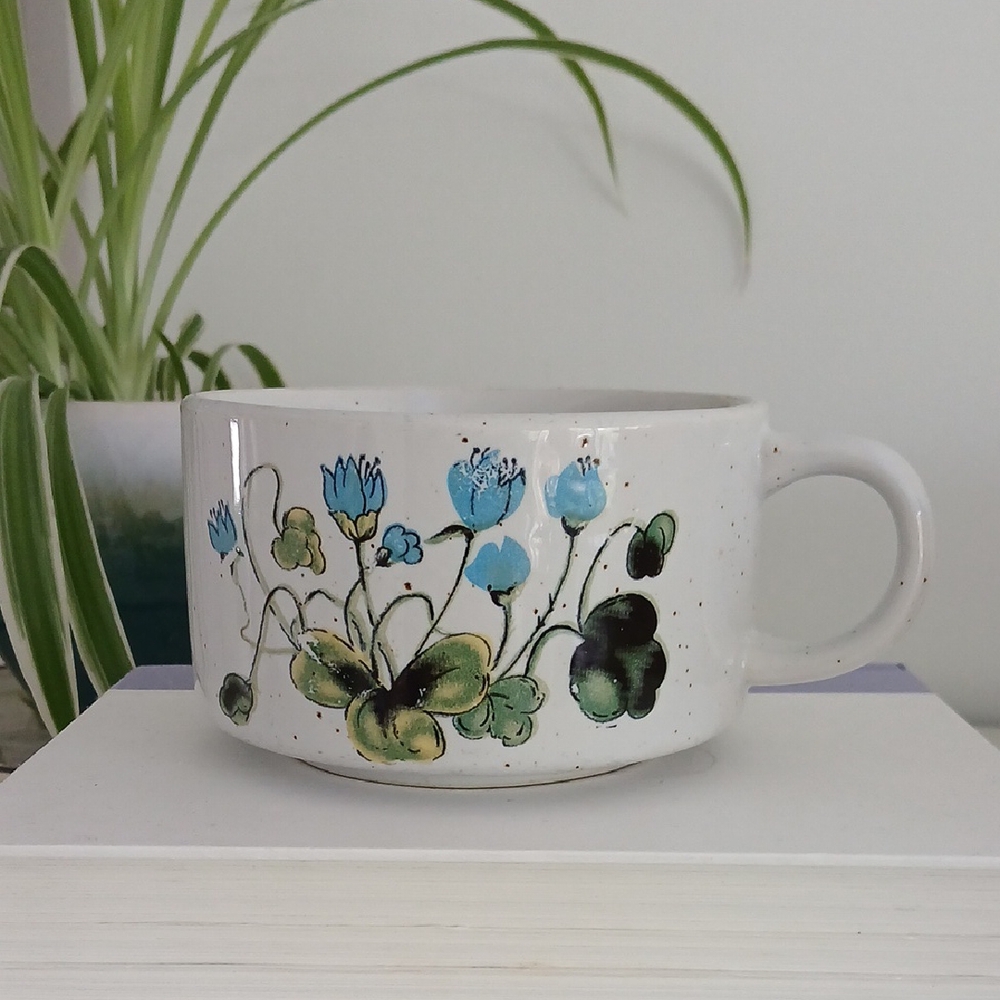 Vintage Blue Floral Brown Speckled Soup Mug 4.25" W x 2.25" D Otagiri Style